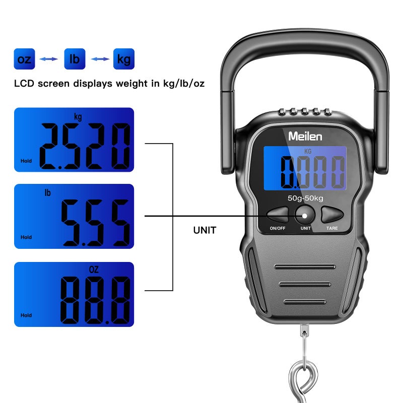 Meilen Luggage Scale, 110lb/50kg Luggage Weight Scale with Backlit LCD Display, Digital Fish Scale with Measuring Tape Portable Hanging Scale Suitcase Scale with Handle & Large Hook & 2 AAA Batties - Image 3